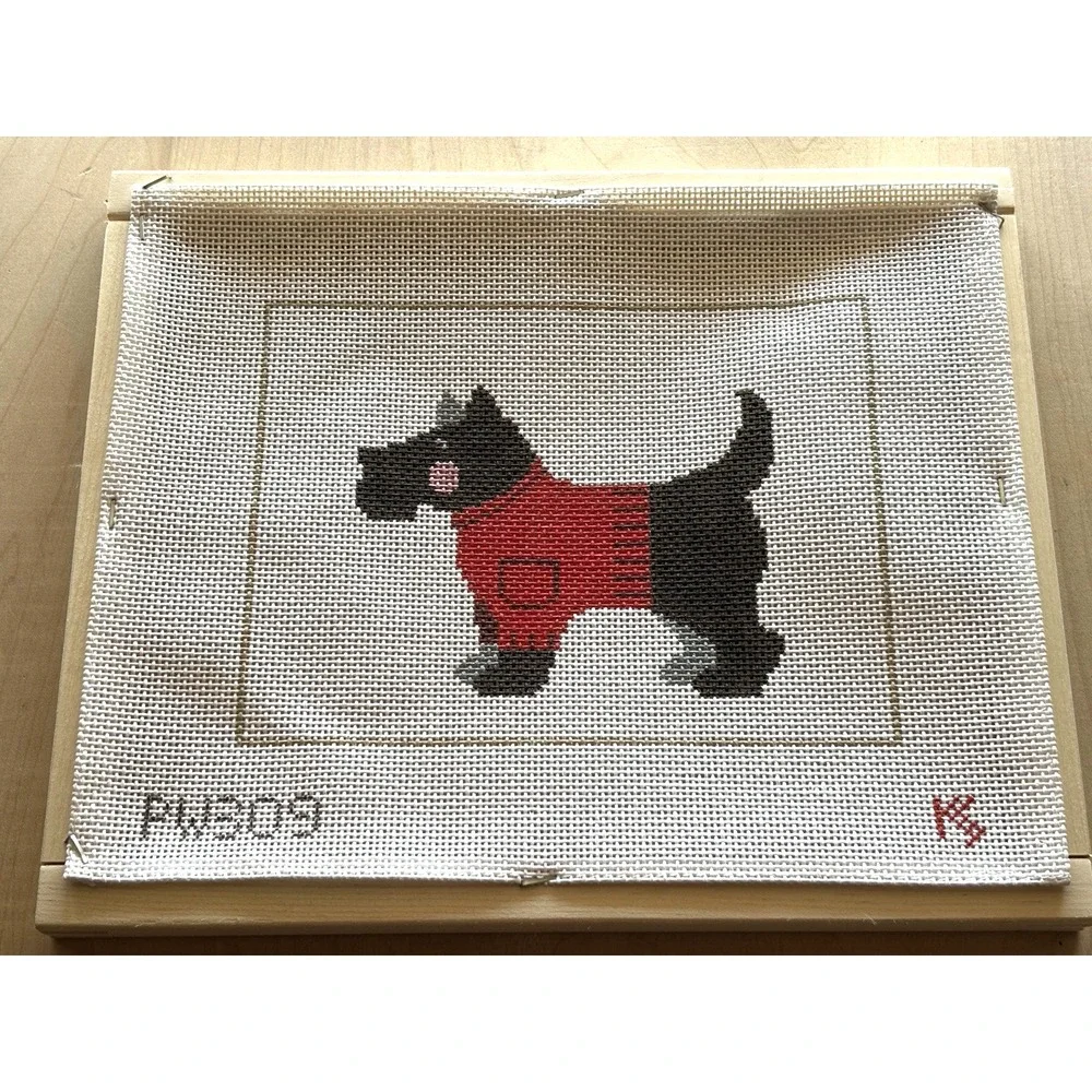 Needlepoint Canvas Handpainted Scottie in Red Sweater KS Wood Frame 14 Pt 11 x 9